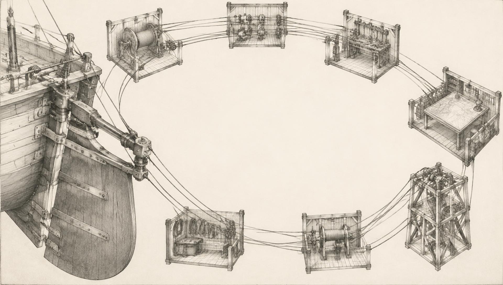 A ship's rudder and steering linkage cabled to a distant chart table and a ring of bounded workrooms, drawn in graphite around an unoccupied center.