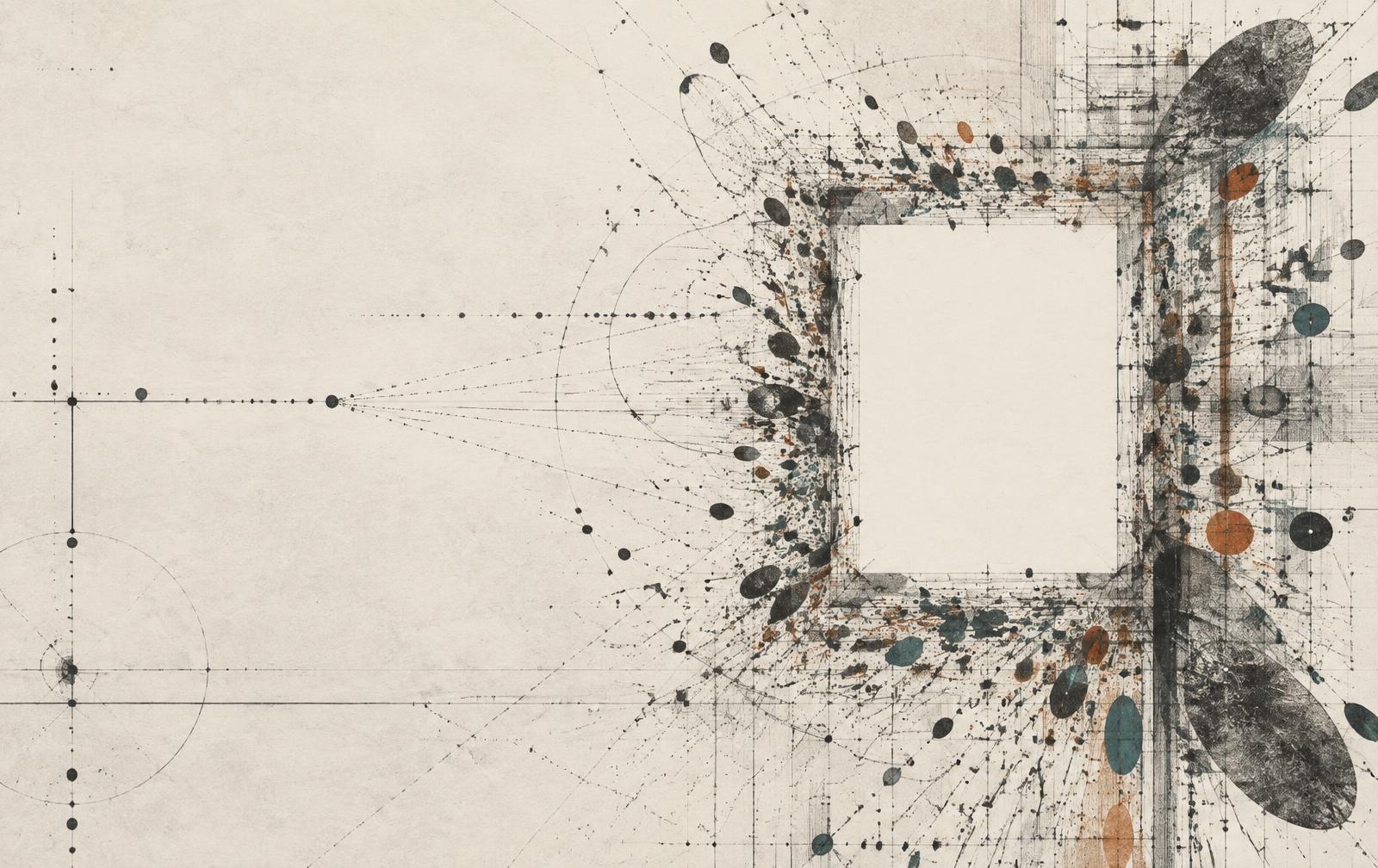 Graphite rendering footprints compose a frame around a deliberately unoccupied aperture.