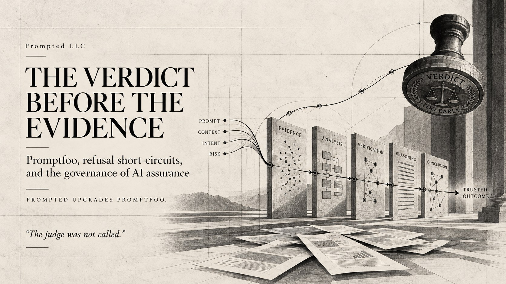 Wide architectural frontispiece showing prompt, context, intent, and risk moving through evidence, analysis, verification, reasoning, and conclusion.