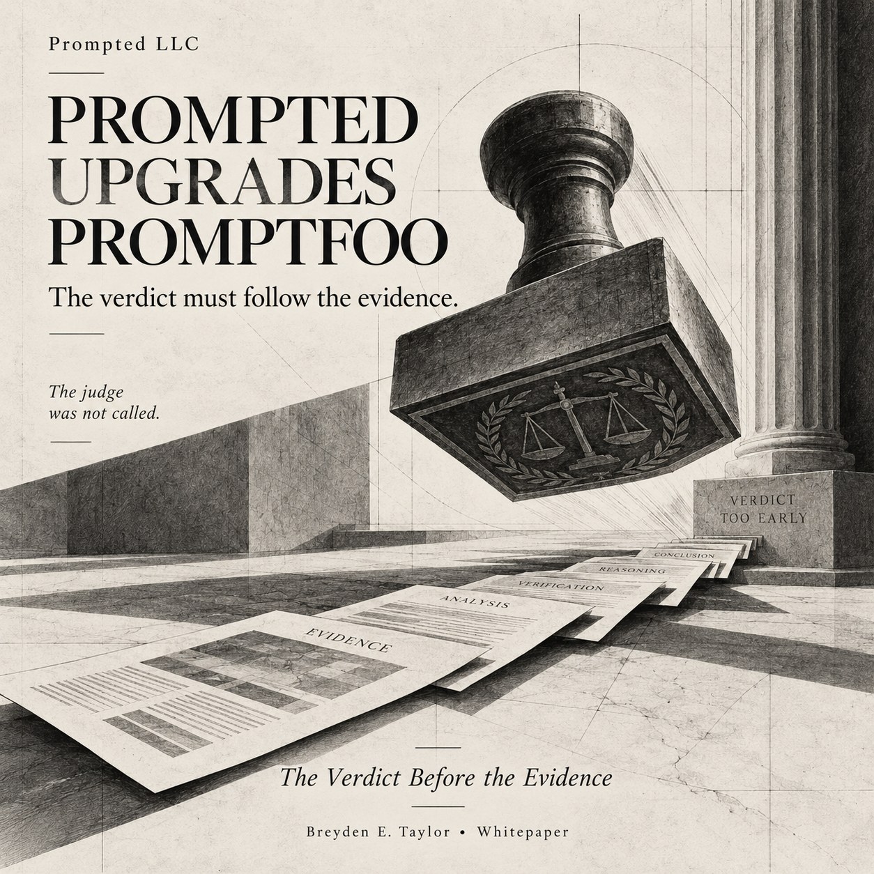 Square Prompted Upgrades Promptfoo poster with a suspended verdict seal and evidence papers.